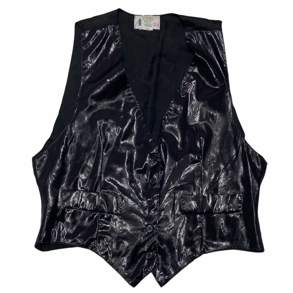 ALYSSA Solid Black Faux Leather Sleeveless Button Down Vest